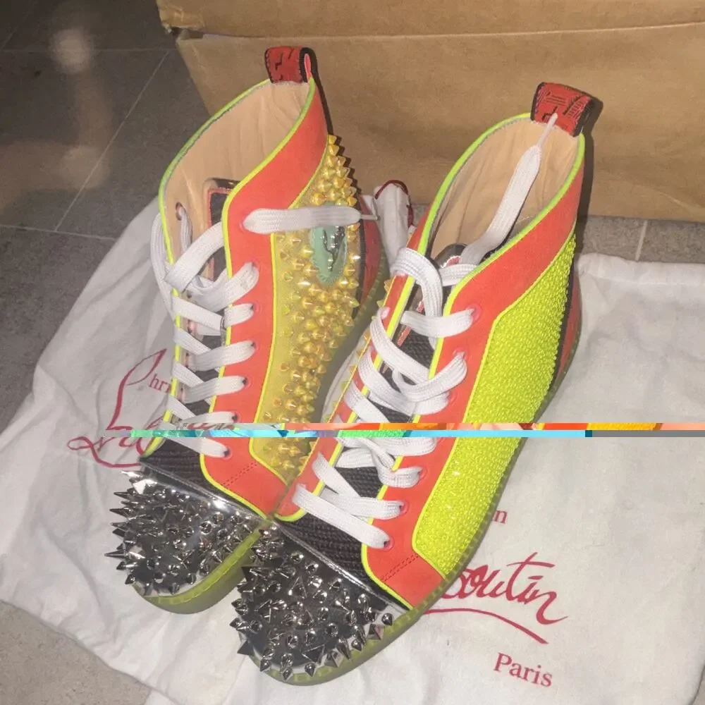 Christian Louboutin Men’s Multicolor Mesh Spiked High-Top Sneakers EU 43